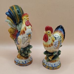 Fitz & Floyd Ricamo Rooster & Hen Hand-Painted Salt & Pepper Shaker Set. NEW.
